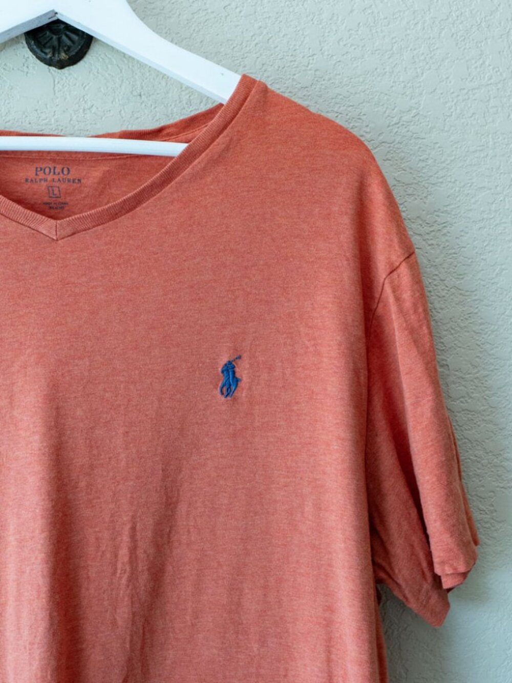 Polo Ralph Lauren Orange V Neck T Shirt Men's Large Pony Logo 100% Cotton Tee - Picture 5 of 13